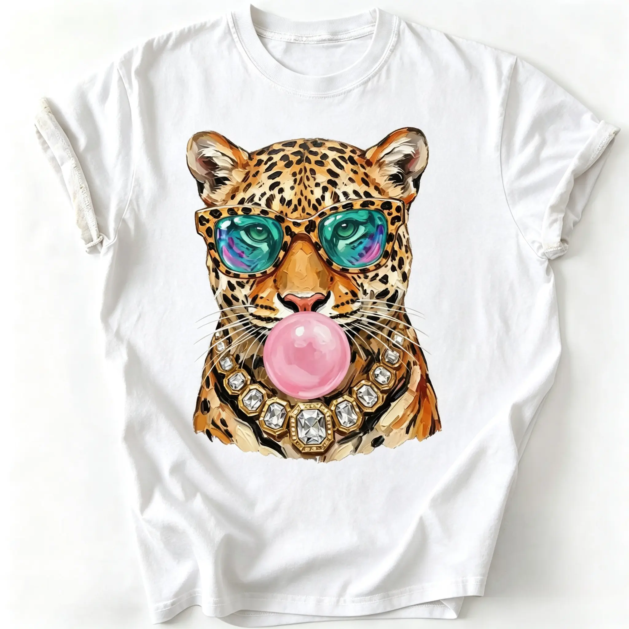 Women's Unisex Combed Cotton Casual Tee - Trendy Leopard Big Cat Graphic Garment, Retro Animal Print Summer Casual Cotton Top