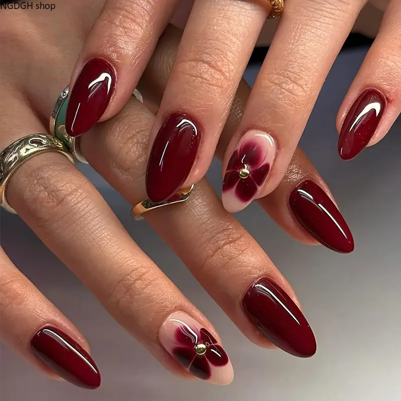 Nail Kit - Glossy French Tip Press On Nails Red Black White with Flower Star Heart Designs Almond Gel Fake Nails Reusable Glue On Set for Women Daily Party Style