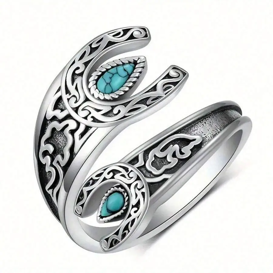 Adjustable 925 Sterling Silvery Ring With Turquoise Inlay - Vintage Engraved Design, Hypoallergenic, Perfect Gift For Her