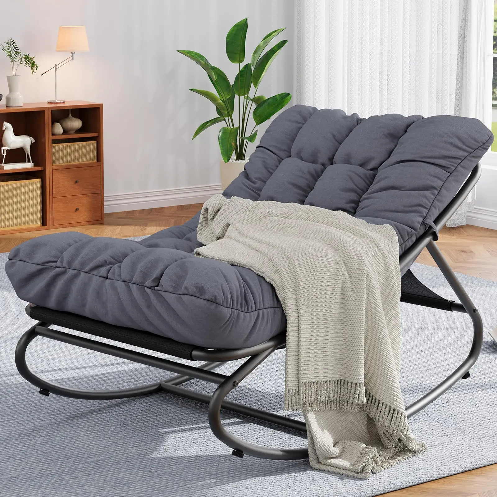 GARVEE1 PC Rocking Papasan Chair with Comfy Cushions, Sturdy Metal Frame, Padded Seat, Ideal for Outdoor Lounge, Reading, Patio, Garden, Nursery, and Living Room Use in Grey