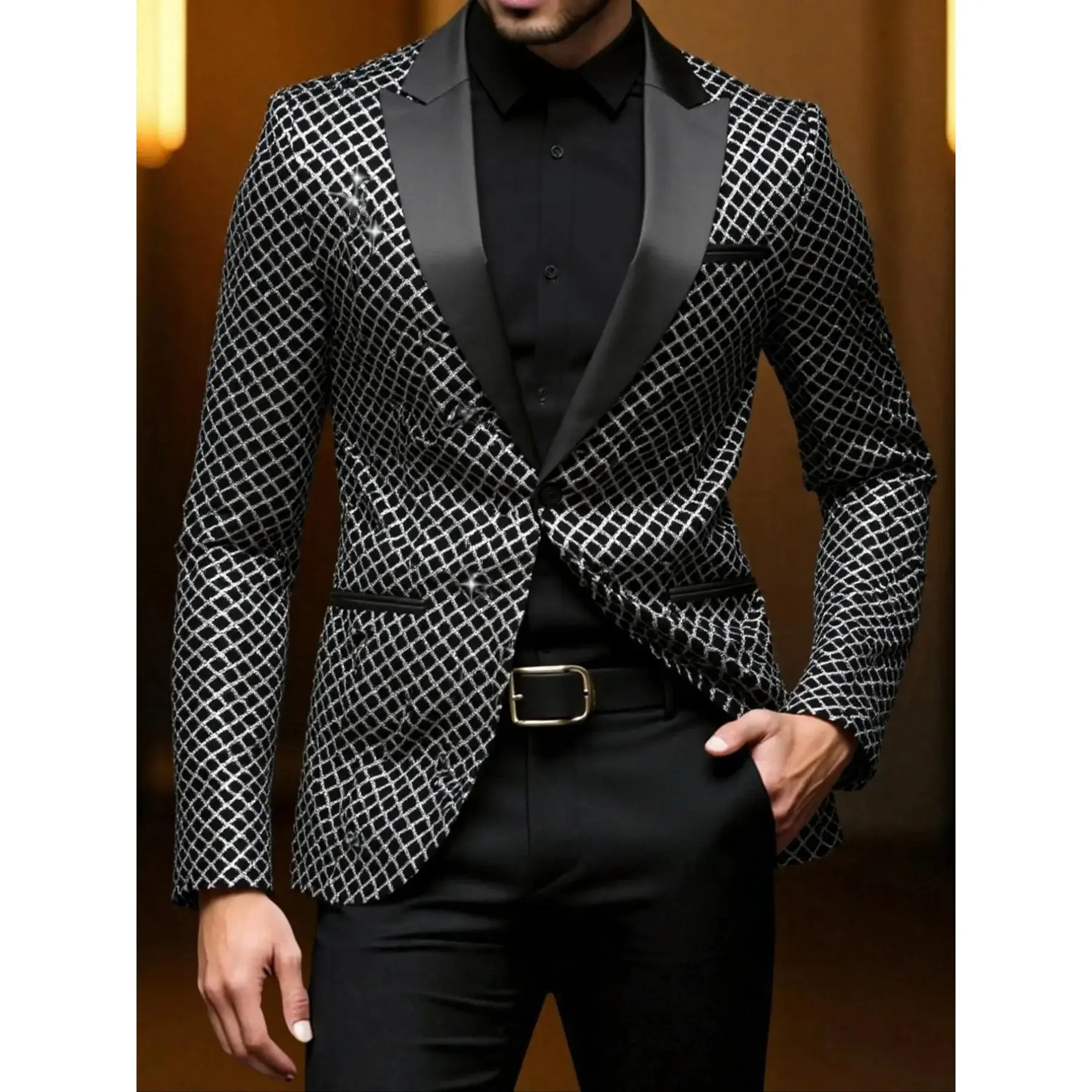 Shiny Sequins Fitted Suit Jacket Blazer Menswear Long Sleeve with Diagonal Stripes Pattern, Perfect Party, Performance Wear, Formal Wear, Christmas Gift Idea