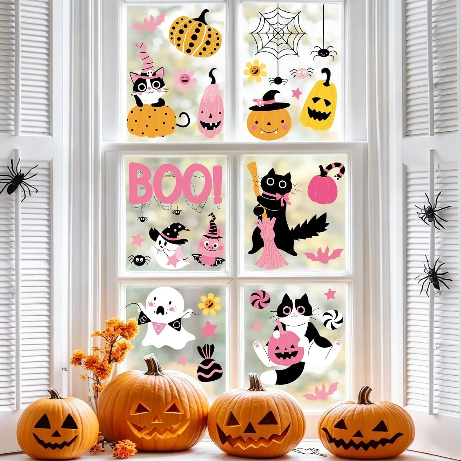 9 Halloween Window Stickers, Cute Cartoon Ghost Pumpkin Skeleton, Reusable Indoor Decor for Kids, School, Home, Office, Party
