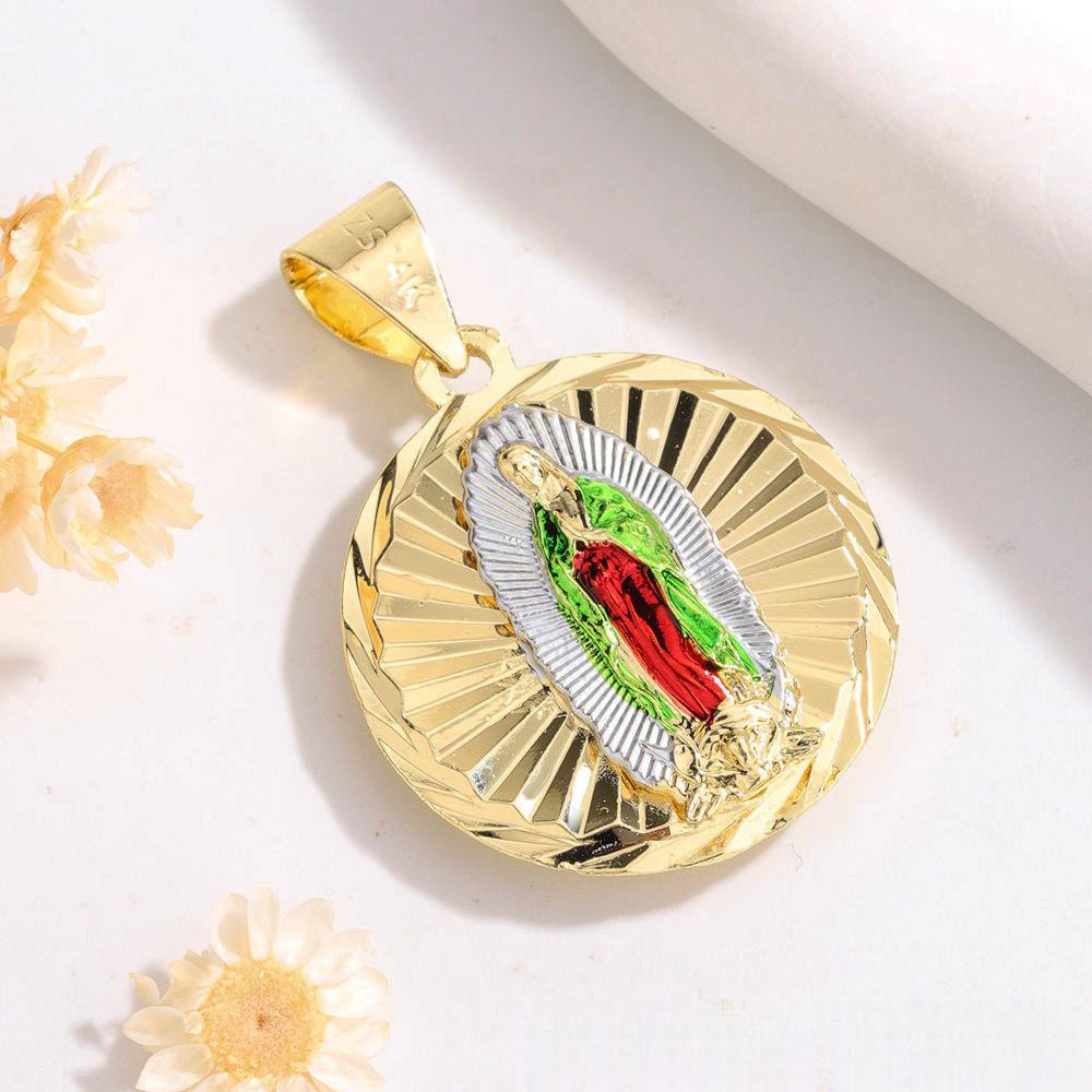 14K gold-plated Saint Jude medal pendant, religious Catholic jewelry, featuring green enamel details and a sunburst design. Suitable for both men and women, offering divine protection