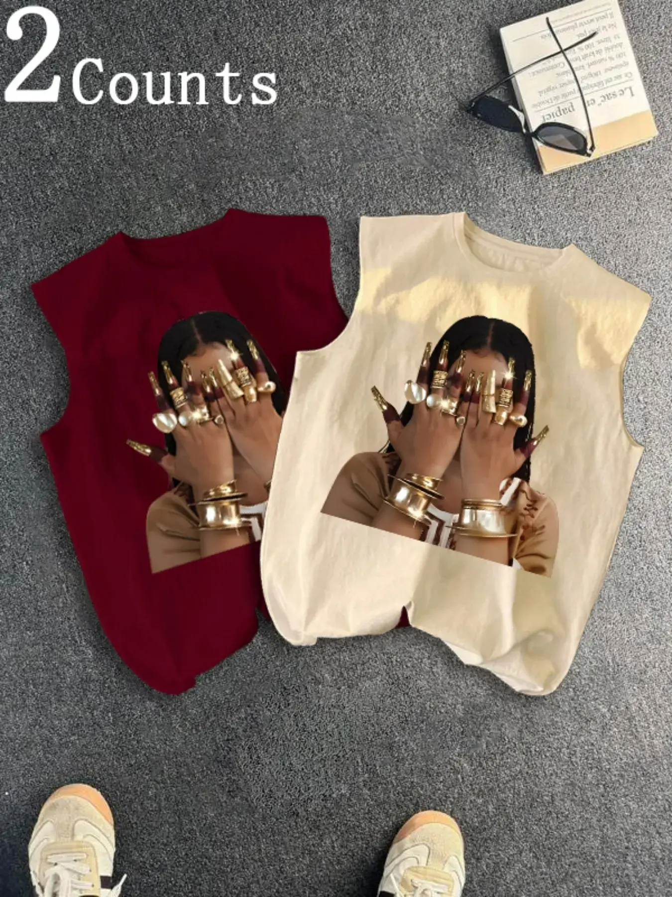 Men's Two-Piece Trendy Casual Sleeveless Vest Set, Face-Wearing Woman Print, Summer Vacation Friend Gathering Daily Wear