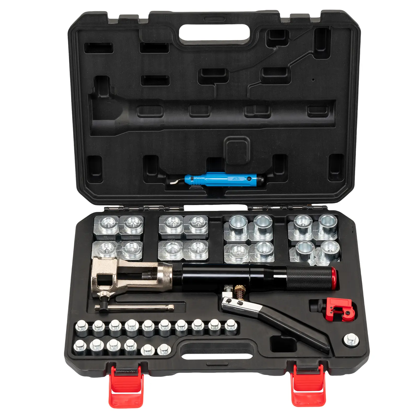 Professional Hydraulic Brake Line Flaring Tool Kit, 45° Single & Double Flare, 33 PCS Auto Brake Repair Set with Tube Cutter Deburrer, Fits 3/16" to 1/2" Copper Steel Fuel Brake Tubing