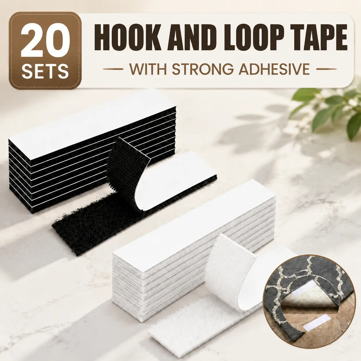 20-Pack Heavy Duty Hook Loop Tape, 1x3 Inch Double-Sided Strong Adhesive Mounting Reusable Strips, Interlocking Fastener for Home, Office, DIY Projects, Fabric Mounting