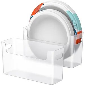2Pcs Paper Plate Dispenser for 6-9.5 Inch Disposable Plates, Space-Saving Storage Organizer for Plastic Foam Paper Plates, Fit Cabinet Countertop RV Outdoor Transparent