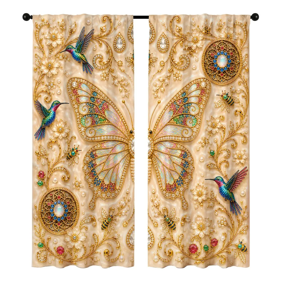 Jewelry Butterfly Hummingbird Printed Curtains 2 Panels, Gem Bee Floral Golden Vine Washable Polyester Window Curtains