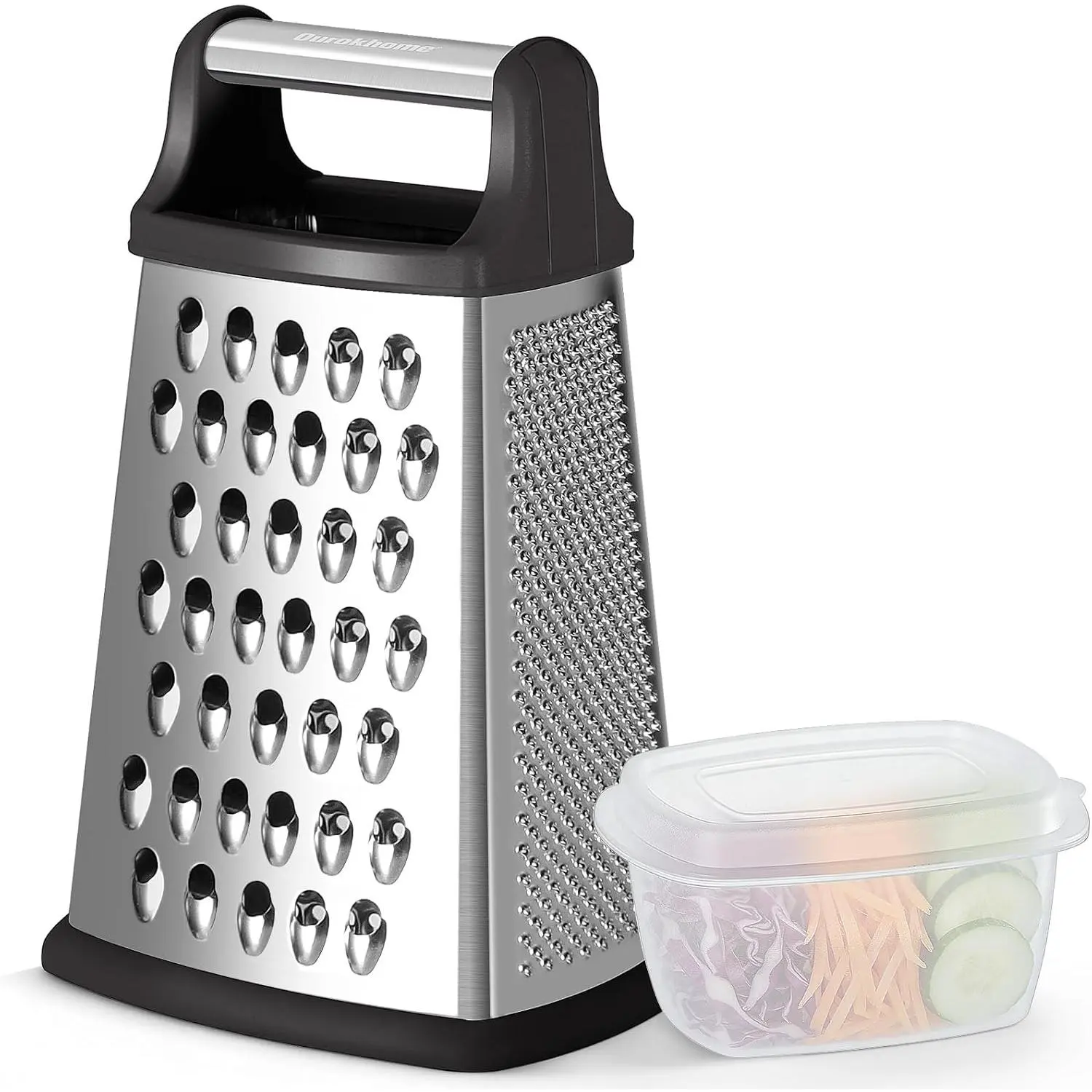Cheese Grater, Handheld Box Grater with Container & Lid, 4-Sided Stainless Steel for Kitchen, Wavy Julienne, Slicer, Coarse Shred & Fine Zester, Non-Slip Base, Dishwasher Safe, 8 Inch