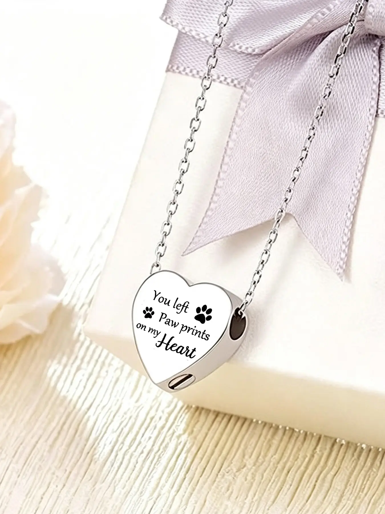 1 Pcs Pet Cremation Jewelry for Ashes Urn Memorial Necklace with Paw Print Heart, Pet Dog Necklace Stainless Steel Pendant  Silver Urn Locket with Funnel Kit for Dog Cat Ashes