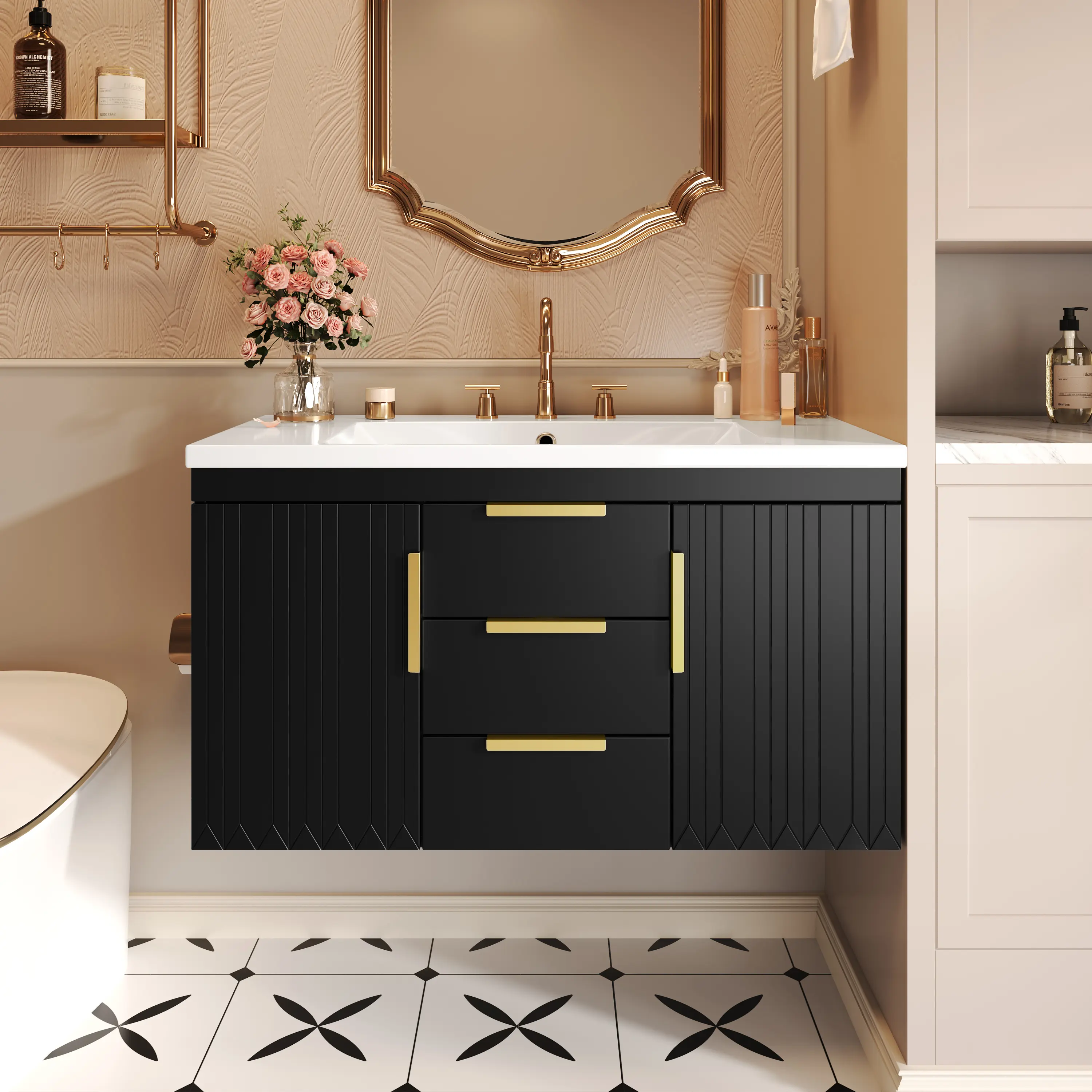 ARCH 36 Inch Wall Mounted Bathroom Vanity with Resin Sink, Floating Solid Wood Storage Cabinet with 2 Drawers, Modern Wall-Hung Bathroom Cabinet for Bathroom Organization, White Finish, Single Sink Vanity, Bathroom Furniture for Vanity Area