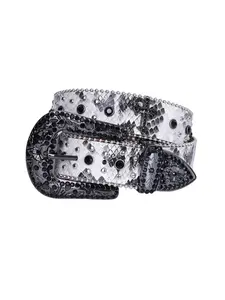 Monochrome Snake Skin Studded Cross Belt, Snakeskin Print, Gothic Y2K Punk Style, Unisex Bling Belt for Jeans, Music Festival, Rhinestone Belt