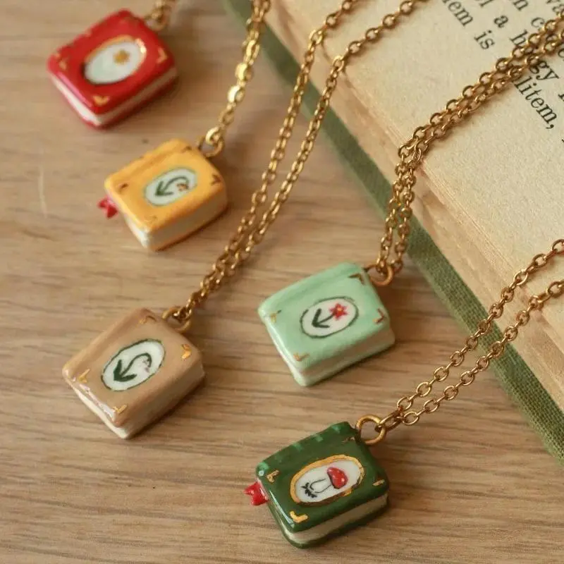 Cute Book Pendant Necklace Mushroom/Flower Pendant Handmade Retro Stainless Steel Chain Waterproof Jewelry Gift