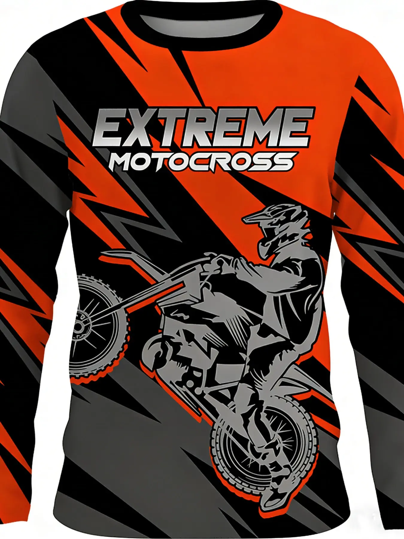 Red Black Lightning Geometric Motocross Graphic Sporty Long Sleeve Top, Men Extreme Sports Rider Print Crewneck Tee, Quick Dry Lightweight Outdoor Off Road Racing Casual Long Sleeve Shirt, Lightweight Athletic Tee