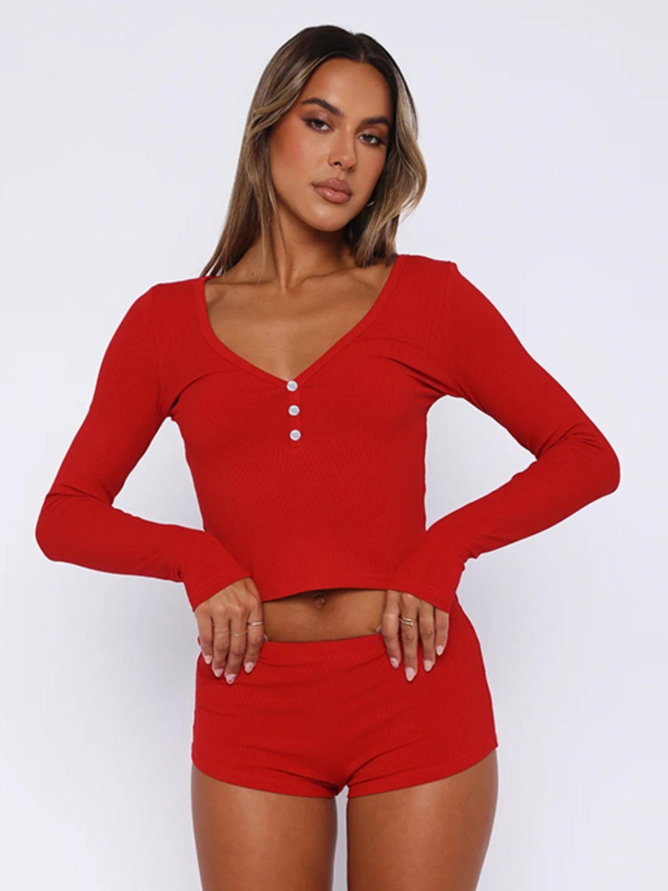 Two-Piece Set Women's Solid Long Sleeve Crop Top & High Waist Shorts Set, Button Front V Neck Top & Shorts Two-piece Set for Spring & Fall, Women's Two-piece Outfits