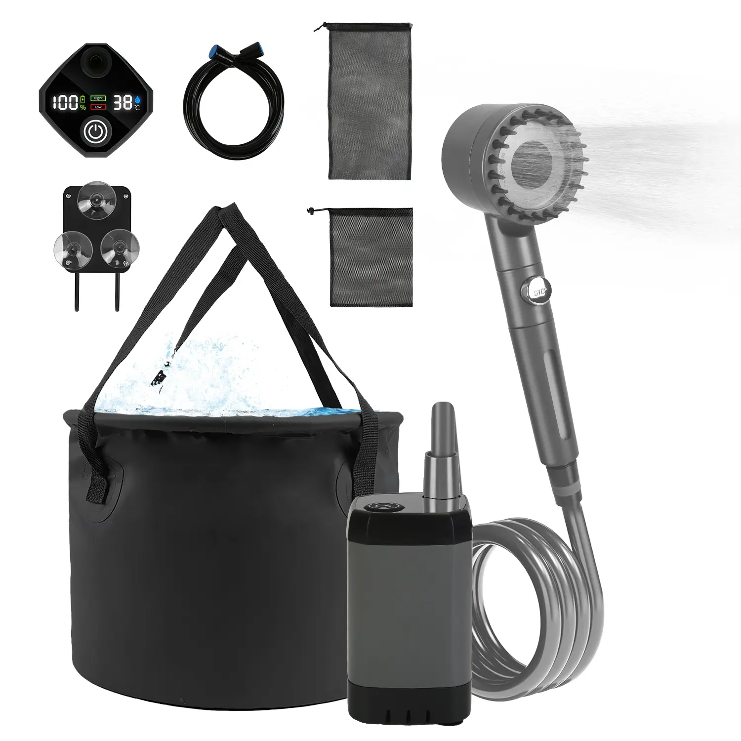 1Pc Portable Shower For Camping Include IPX7 Waterproof 6000mAh Rechargeable Shower Filtered Shower Head 5.3Gallon Foldable Bucket For Hiking Beach Travel Car Pet