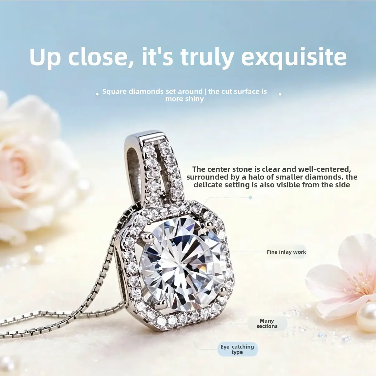 Women's Silver Moissanite Necklace, Princess Square Pendant, Iced Out Cut, Diamond Charm, Luxury Fashion Costume Jewelry, Qixi Gift with Unique Look