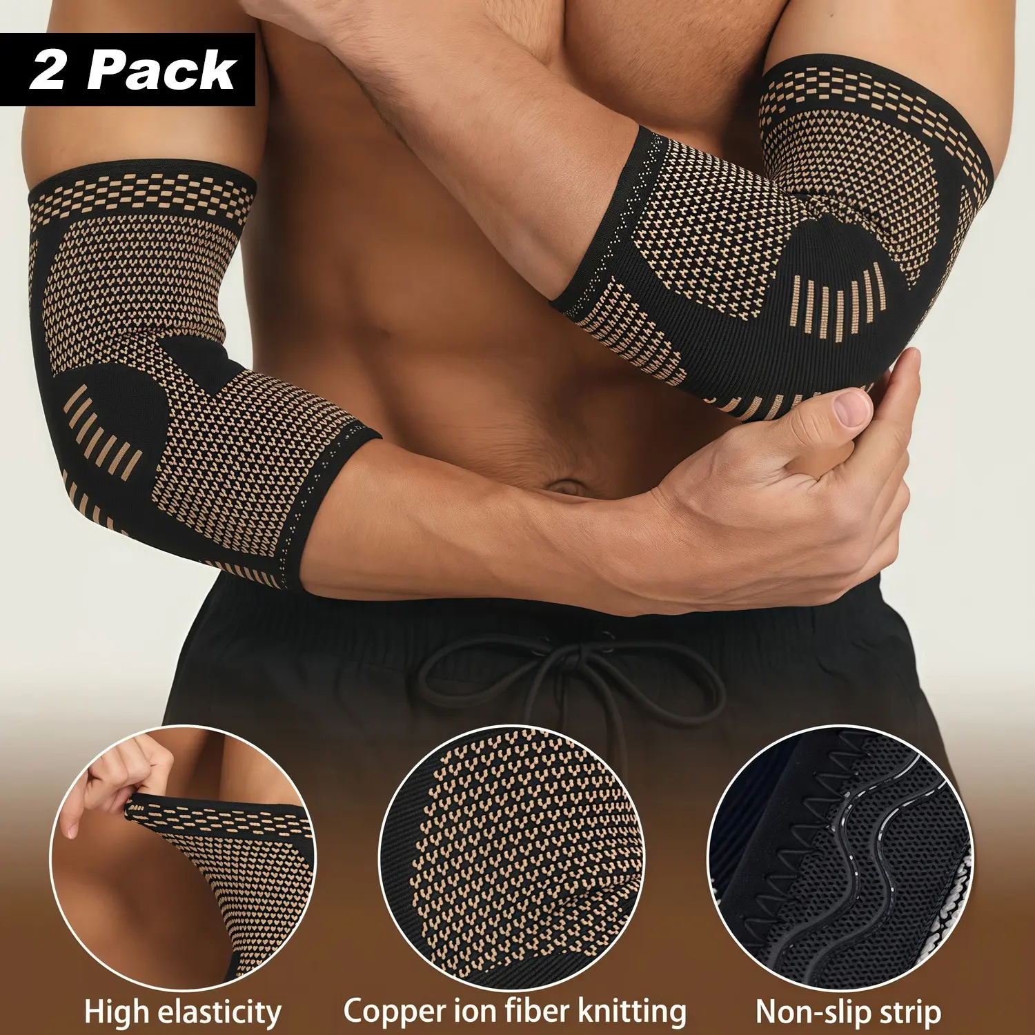 2PCS Copper Fiber Elbow Brace for Men & Women - Arm Compression Sleeves Elbow Support for Tennis Elbow, Golfers Elbow Brace, Arthritis, Golfer, Warmth, Weightlifting, Fitness Elbow Wraps