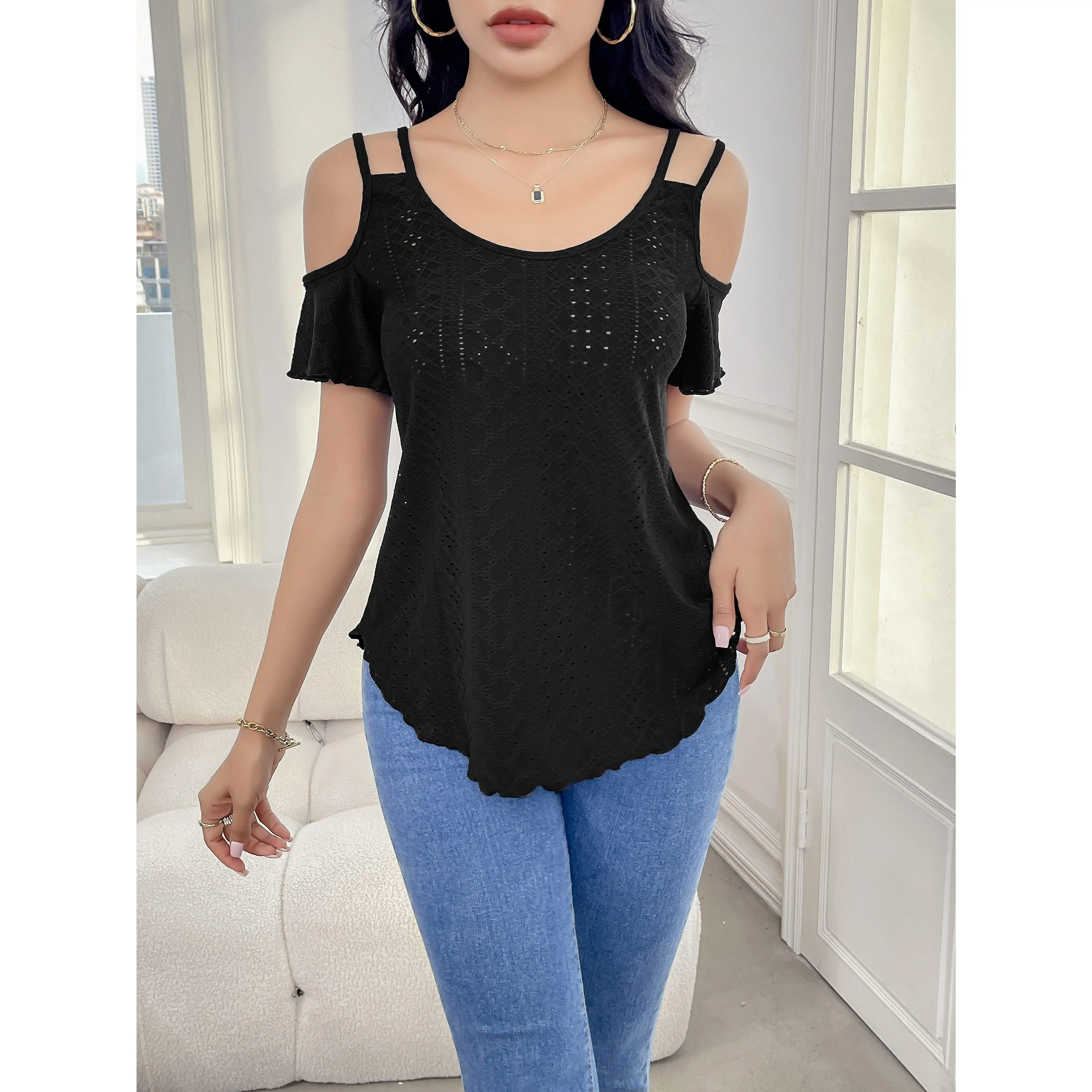 Women's Cut Out Shoulder Three Quarter Sleeve T-Shirt, Side Ruched Design, Soft Elastic Fabric, Casual Daily Wear