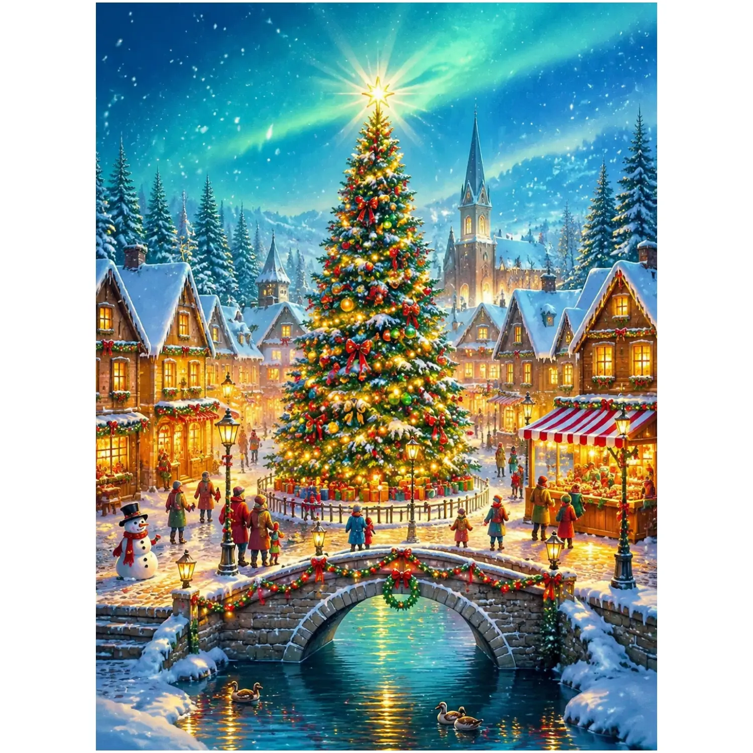 New High‑Definition 5D Diamond Painting DIY Kit Festive Christmas Town Giant Decorated Xmas Tree Snowy Houses Market Bridge Aurora Winter Holiday Landscape Scene Full Diamond Square and Round Diamond Cross Stitch Craft Gift Home Decoration Holiday Gift