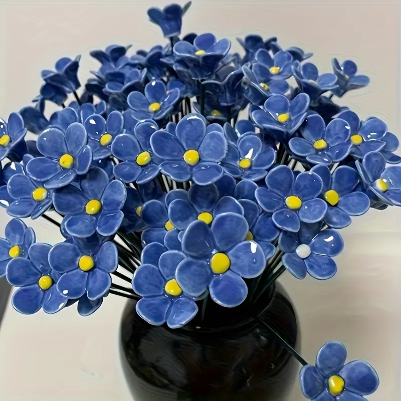 12pcs Hand-Pinched Ceramic Forget Me Not Flowers, Decorative Flowers, Artificial Flower Decorations, Floral Decor, 'Blue Love' Fade-Resistant Home Decor for Indoor & Outdoor Use, Perfect Gift Idea for Valentine'S Day, Christmas, Mother'S Day