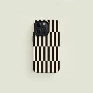 Checkered Cream and Black Phone Case Compatible with iPhone 16 15 14 13 Pro Max, Durable Shock Absorbing 2 in 1 Tough Protective Cover, Aesthetic Gift for Her