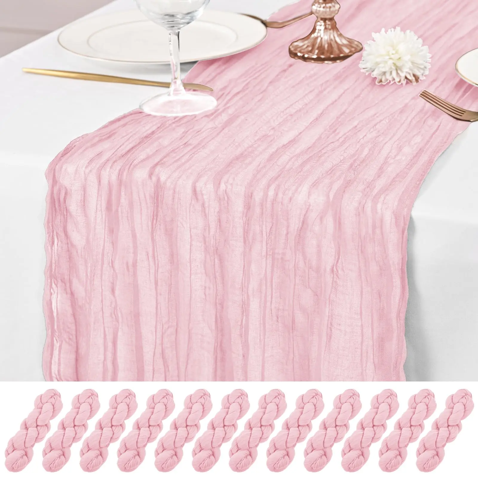 6/12-Pack Soft Polyester Blush Pink Semi Sheer Rectangle Boho Gauze Cheesecloth Table Runner (17x108 in), Machine Washable for Wedding, Party, Farmhouse Home Decor, 17X108 Inch