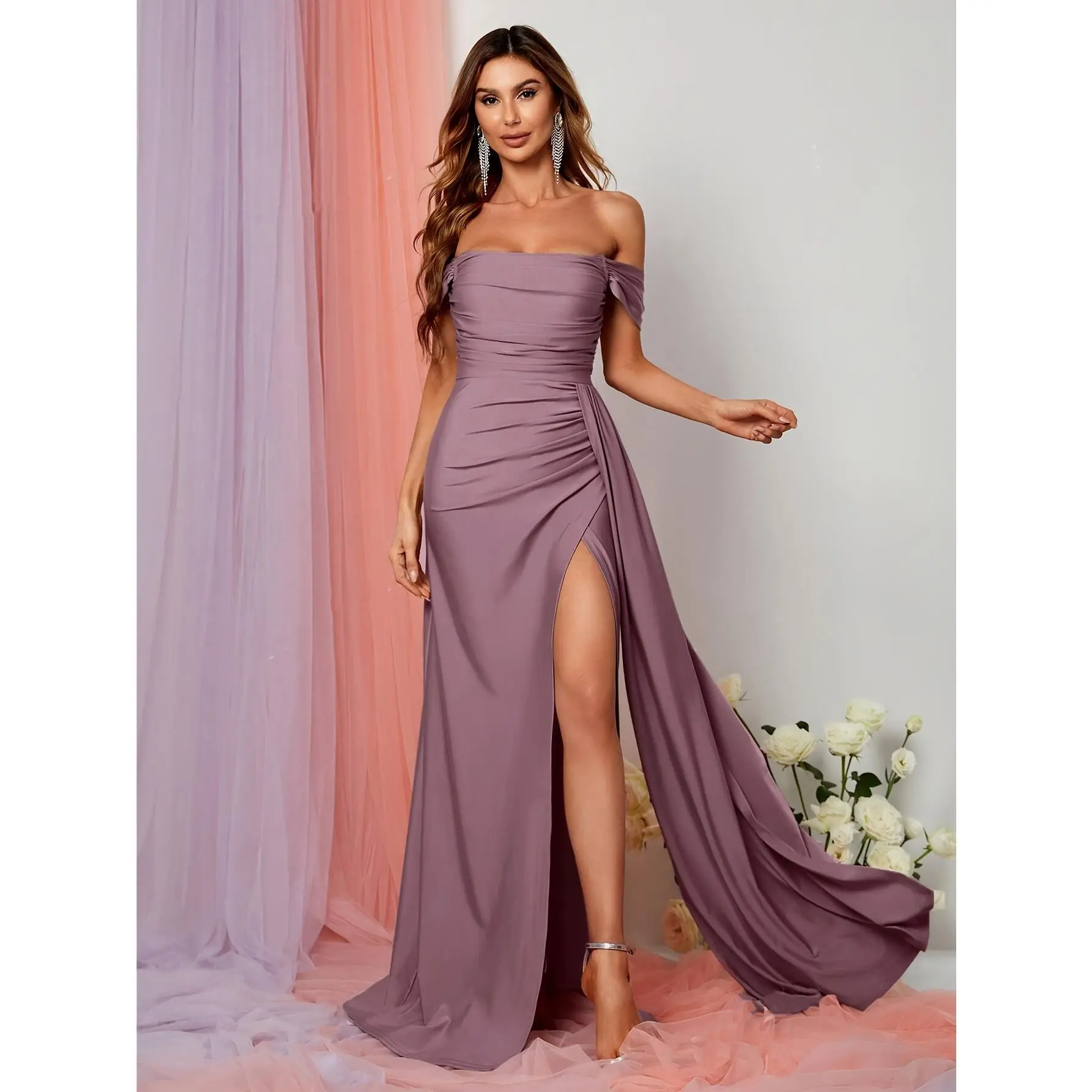 Women's Chic Purple Polyester-Satin Off-Shoulder Pleated Peplum Ruffle Trim Ribbon Slit Elastane Bridesmaid Dress, Elegant Dresses for Banquets, Machine Washable