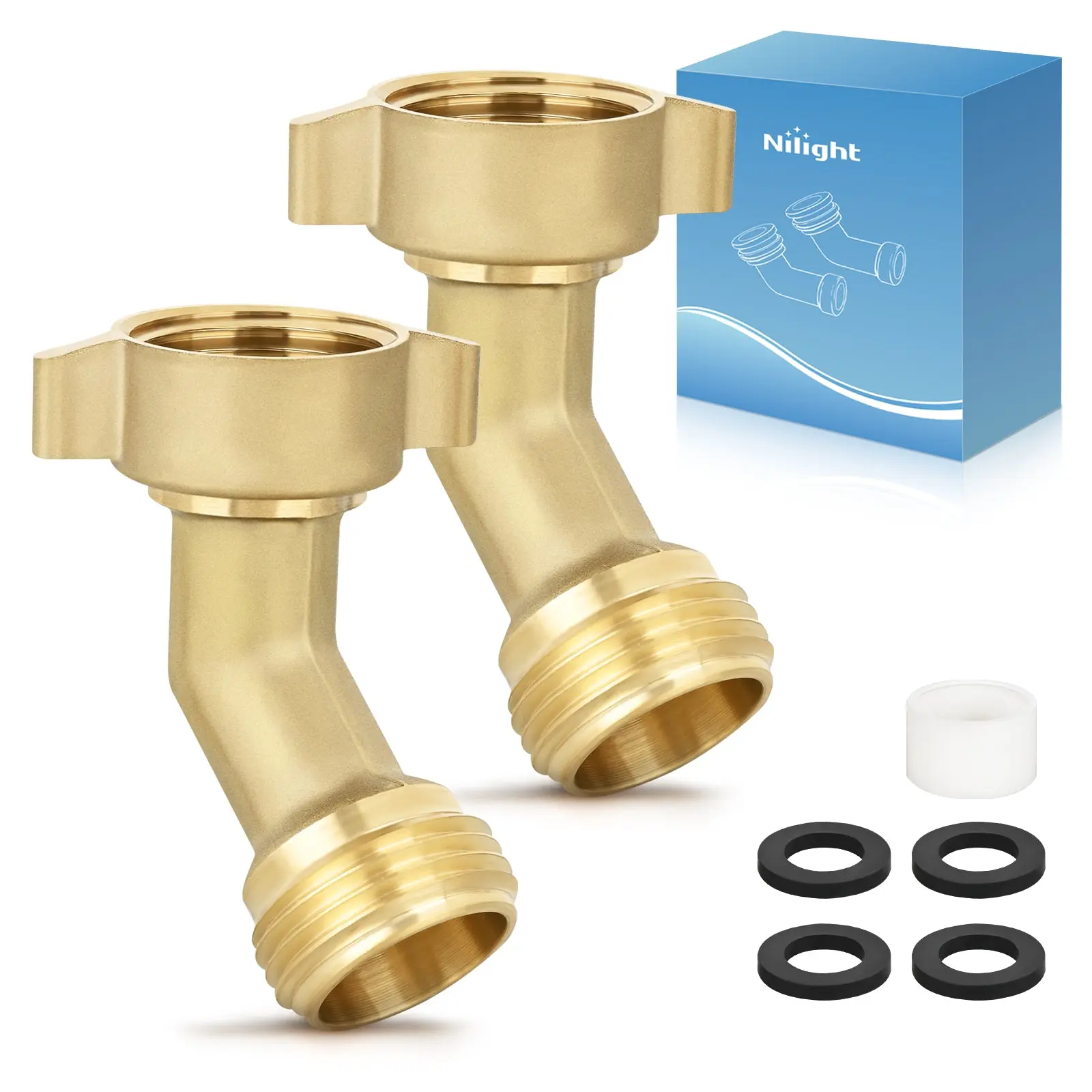 Nilight 45/90 Degree Hose Elbow for RV Garden Water Hose Elbow Fitting 3/4Inch Brass 45° Water Hose Connector for RV Camper Trailer Outdoor Garden Hose Systems Faucet Adapter Accessories, 2-Pack