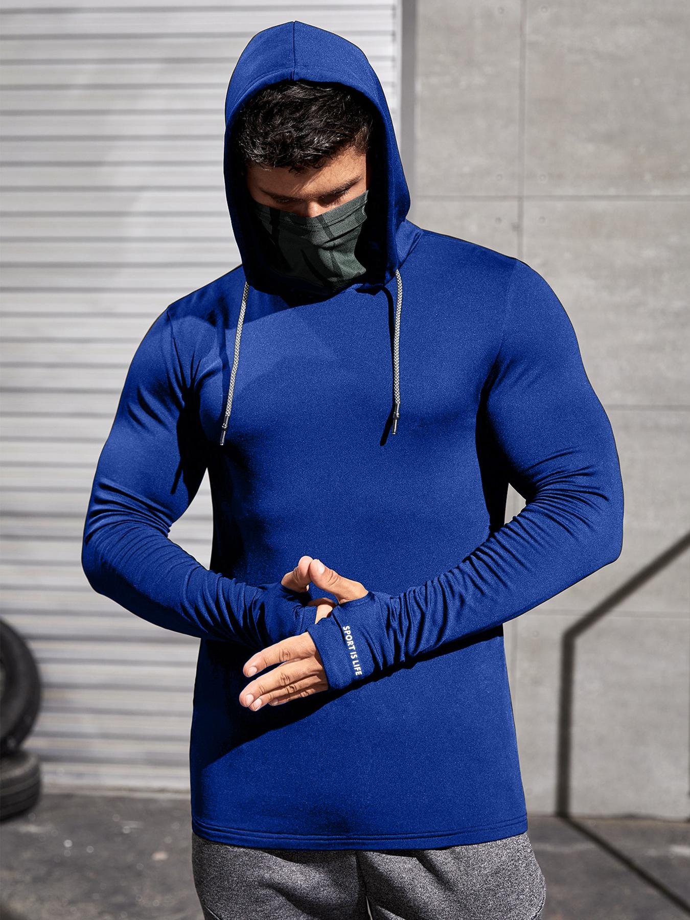 Men's Slim Letter Print Thumb Hole Long Sleeve Sports Rashguard, Casual Drawstring Hooded Sports Top for Spring & Fall, Men's Sportswear Clothing for Daily Wear, National Day Offers