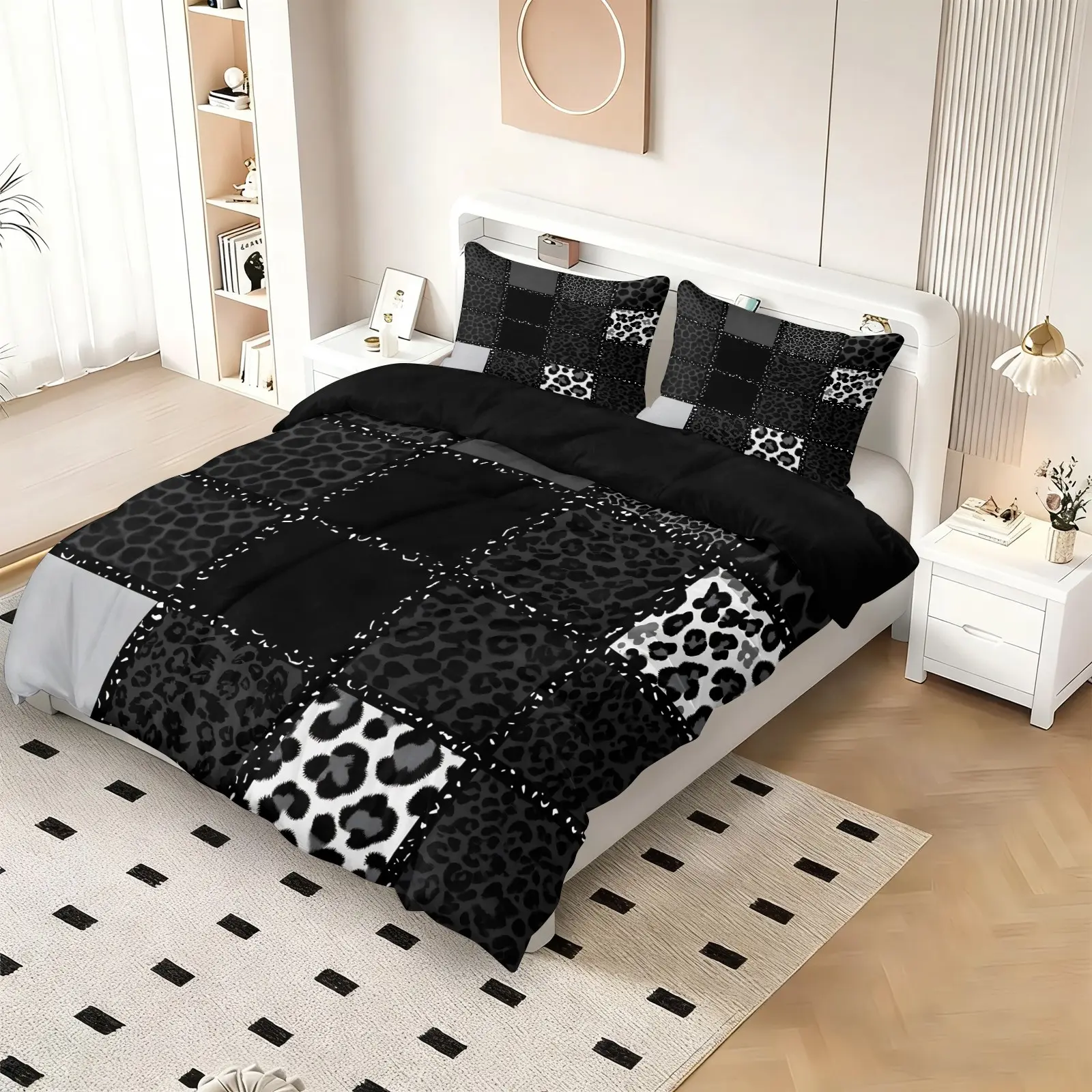 Black and Grey Plaid Leopard Print Patchworl Luxury Duvet Cover Set, 1 Duvet + 1-2 Pillowcases, Wild Trend with Simple Restrained Design, Soft Comfortable Bedding, Minimalist Dark Style Mens‘ Bedroom Decor