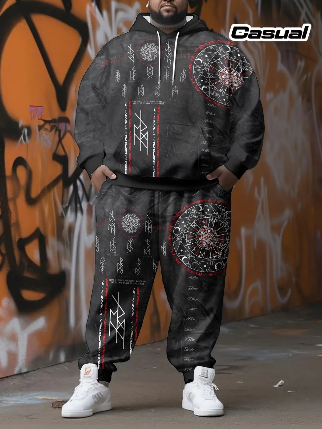 Men's Large Size Dark Nordic Rune Magic Array 3D Full Print Hoodie Set, Drawstring Ankle Sweatpants, Casual Sporty Two-Piece