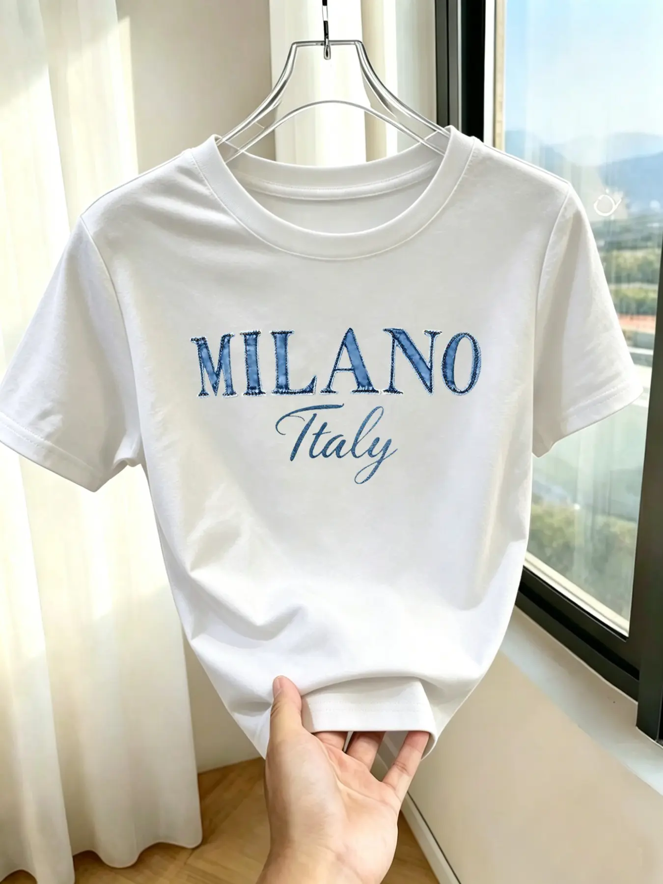 Women's Denim Letter Print Round Neck Short Sleeve T-Shirt, Casual Fashion Top, Soft Comfortable Fabric, All Seasons
