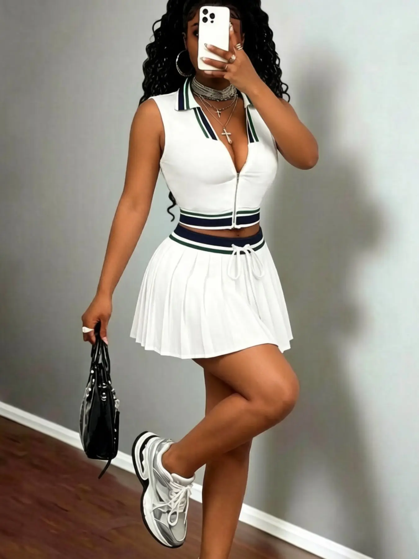 Women's Fashion Casual Two-Piece Set, Lapel Zipper Sleeveless Top + Patchwork Vest, Sports Running, Cute Sailor Uniform