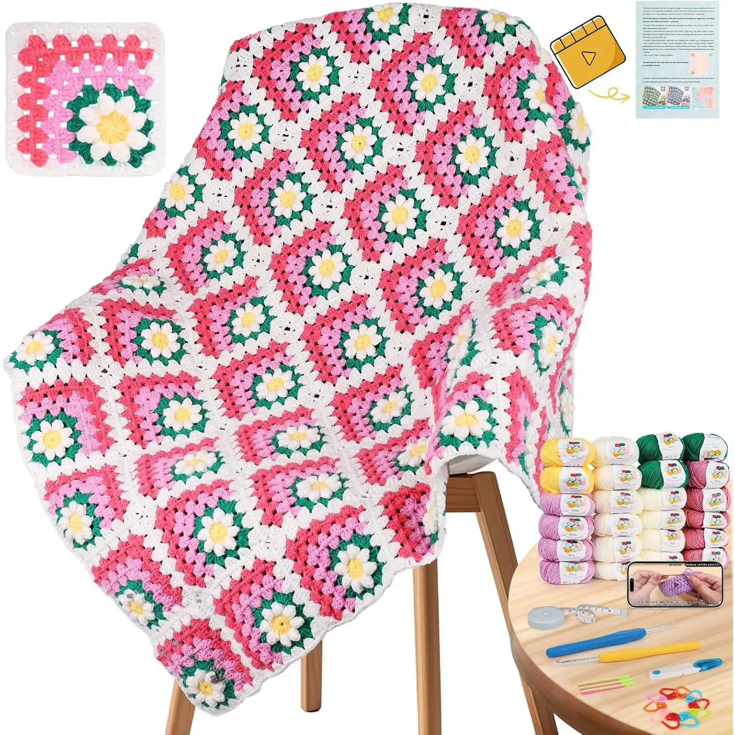 Beginner All-in-1 35x28in Granny Square Blanket Kit - Step-by-Step Video, Yarns, Beginner Supplies - Crafting Gift for Birthday, Christmas Day (DIY Knitting Hobby Essentials), Crochet For Beginners