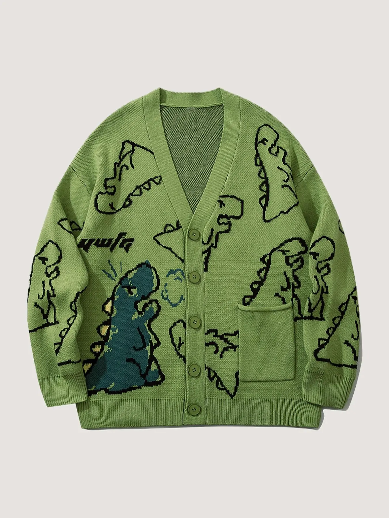 Unisex Cartoon Dino Dinosaur Print V-Neck Long Sleeve Cardigan, Loose Fit Button Front Knit Jacket, Casual Spring Fall Outerwear Knitwear