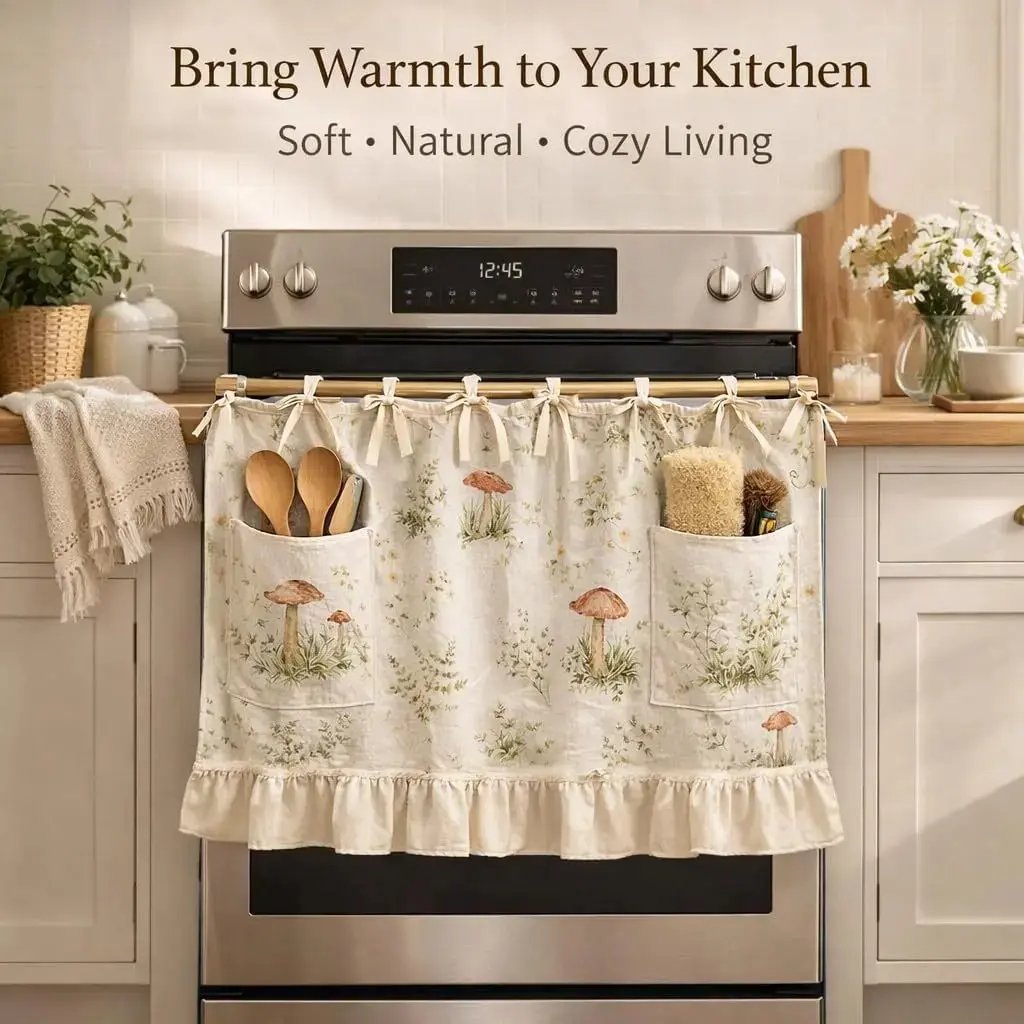 Rustic Linen Oven Skirt Curtain, Handmade Farmhouse Stove Cover with Plant Print, Ruffled Hem & Storage Pockets for Kitchen Decor