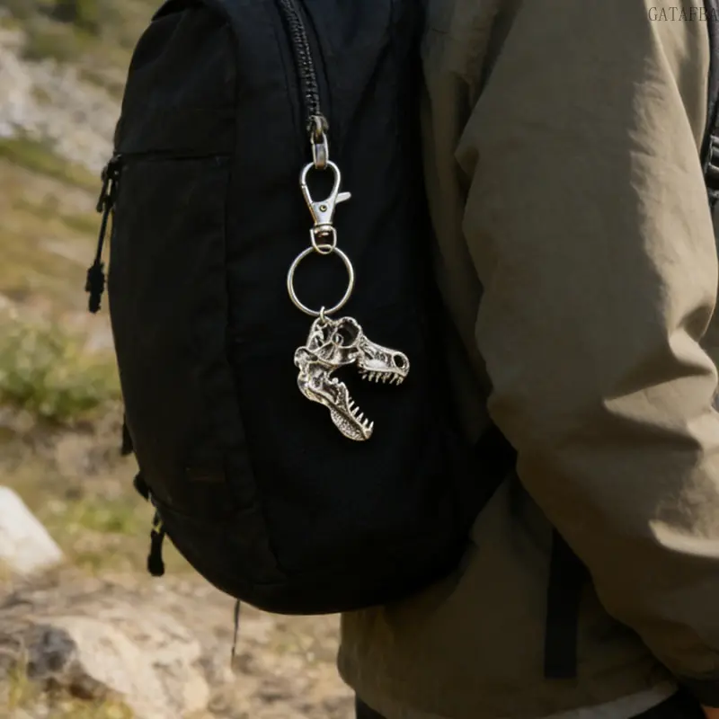 Handmade Silver T-Rex Skull Pendant Keychain Dinosaur Skeleton Metal Key Ring Portable Bag Charm Accessory for Daily Carry Outdoor Collection Gift Use