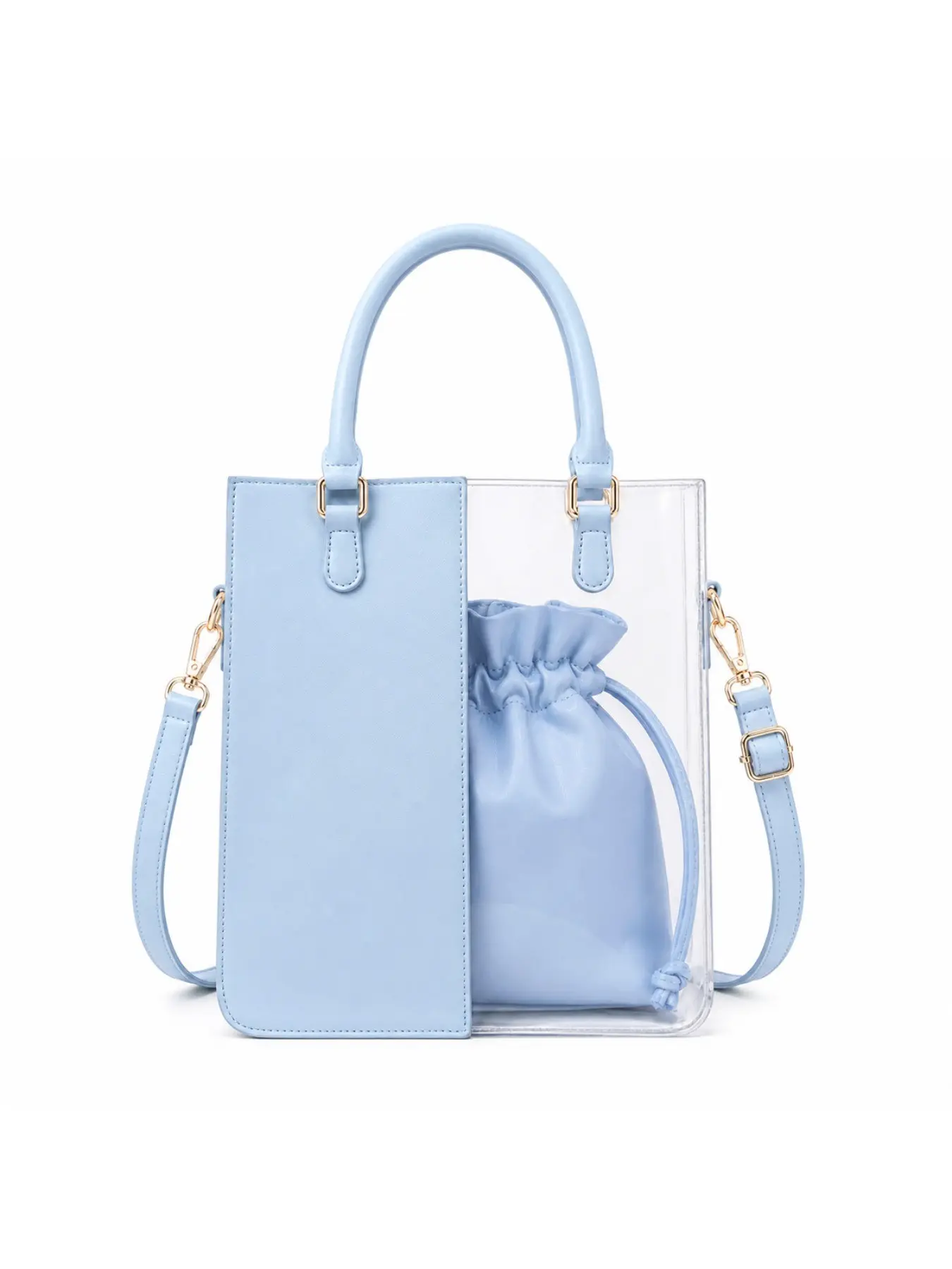 Women's Transparent PVC Tote Bag, PU Leather Drawstring Inner Pocket, Adjustable Strap Shoulder Crossbody Bag, Stylish Handbag, Clear Crossbody Purse