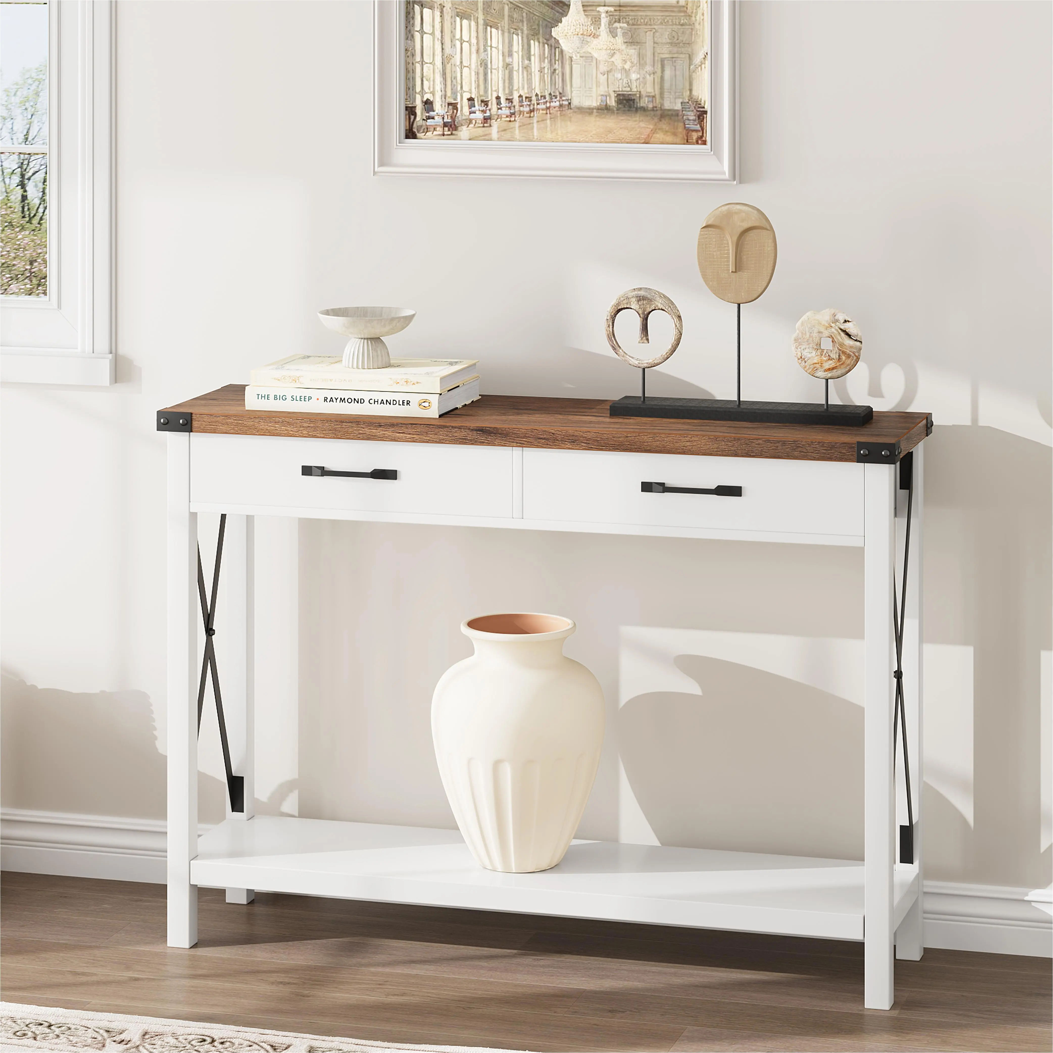 43-Inch 2-Tier Console Table, White Frame with Brown Top, MDF, Two Drawers and Open Shelf