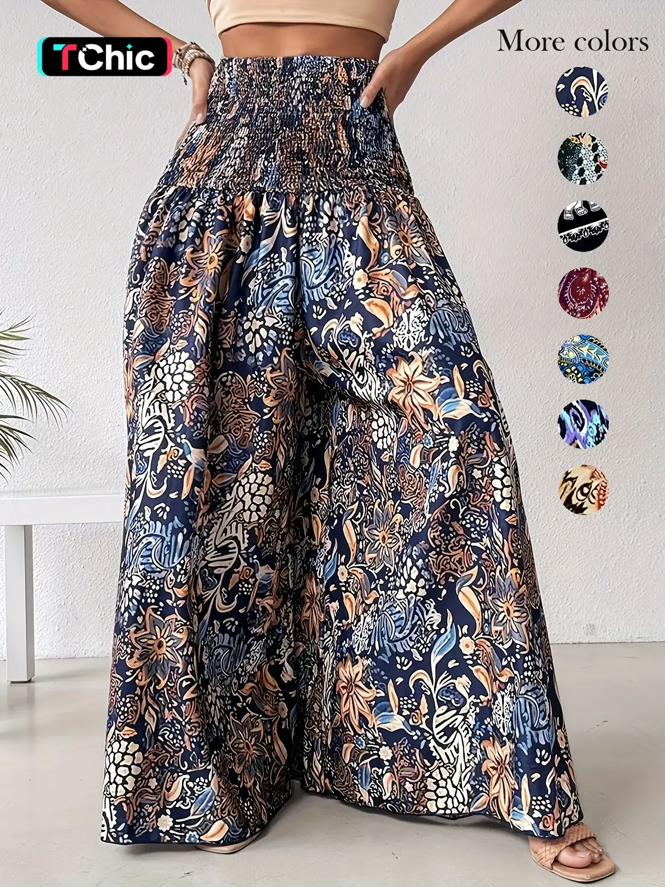 Women's Ethnic Pattern Shirred Waist Wide Leg Pants, Boho Casual Loose Fitted High Waist Trousers for Daily Holiday Vacation Wear, Ladies Bottoms for All Seasons