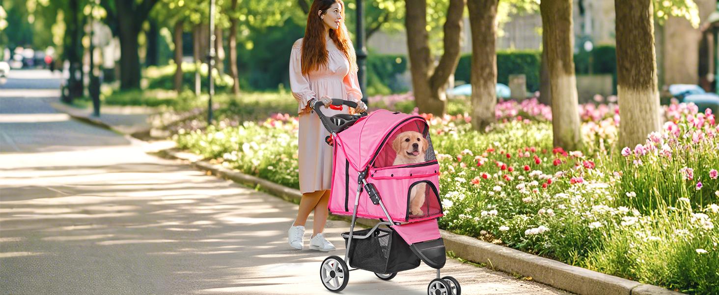 Foldable Pet Stroller for Cats and Dogs 3 Wheels Carrier Strolling Cart with Weather Cover, Storage Basket + Cup Holder (Pink)