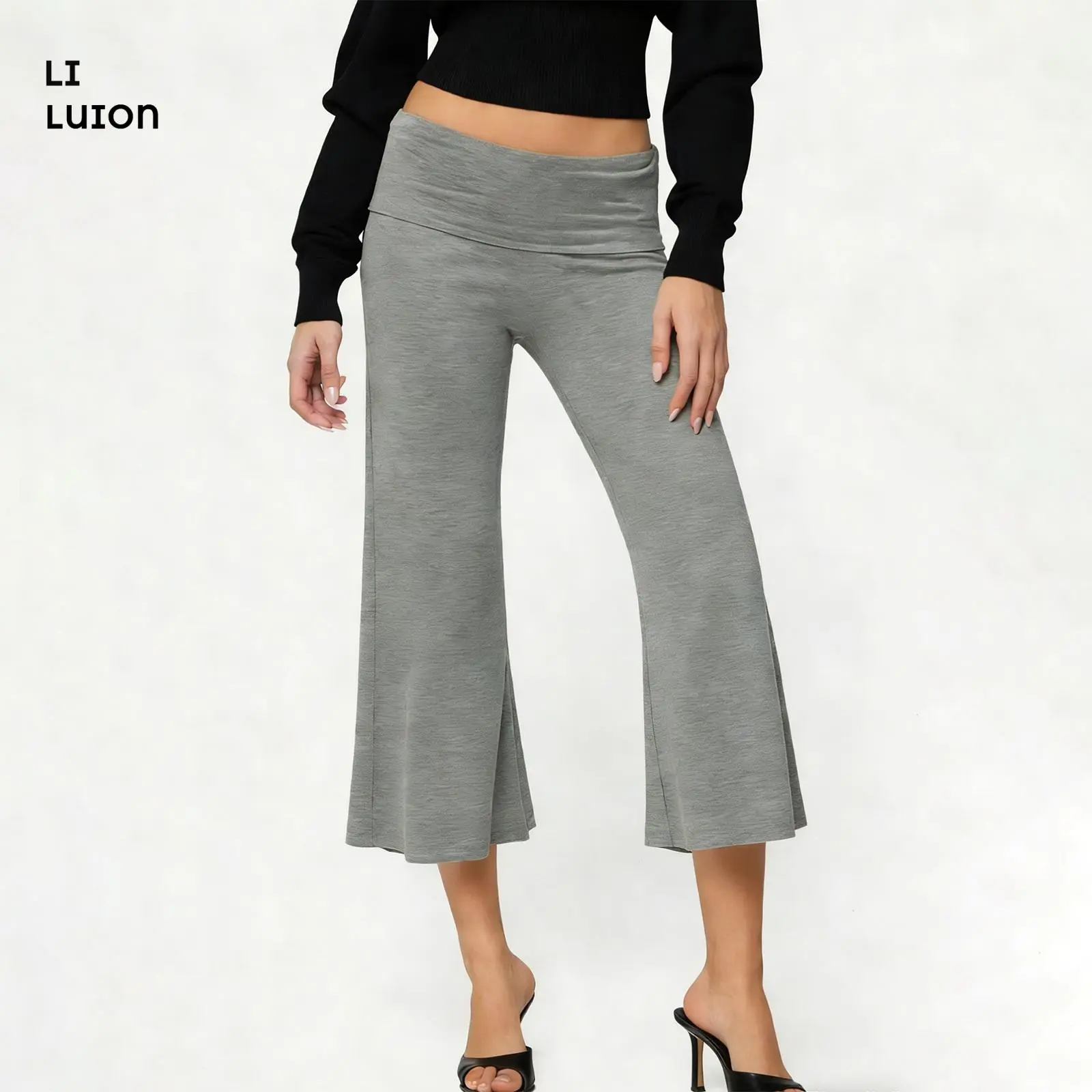 Casual Wide-Leg Culottes for Women - Fold-Over Waist Cropped Pants, Minimalist Chic Design for Work & Weekend, Stretchy Soft Knit Fabric