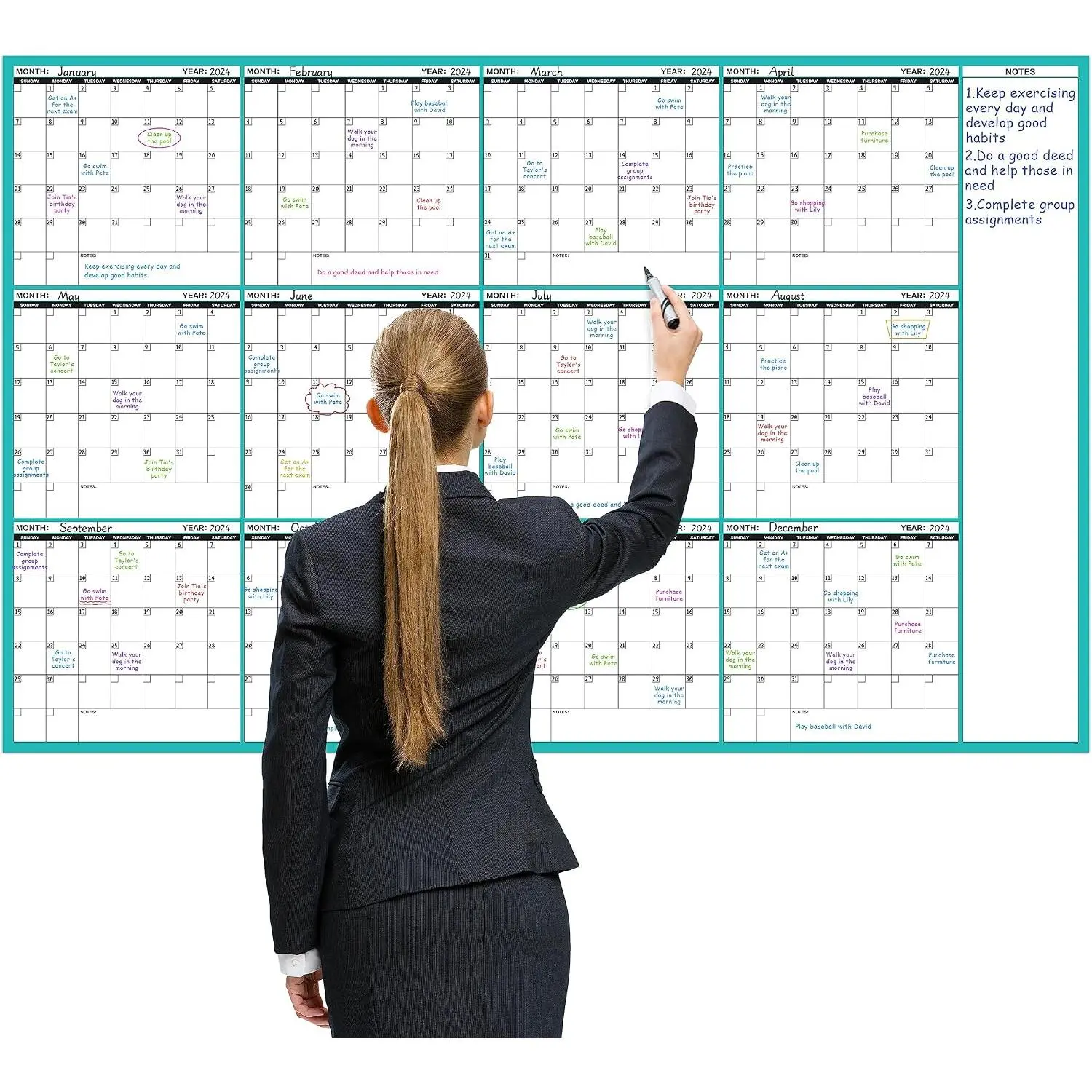 Large Dry Erase Calendar for Wall - Undated 12 Month Wall Calendar, 37”×58", Yearly Wall Calendar Dry Erase, Erasable &  Calendar with 15 Round Stickers, Green Large Wall Calendar Dry Erase