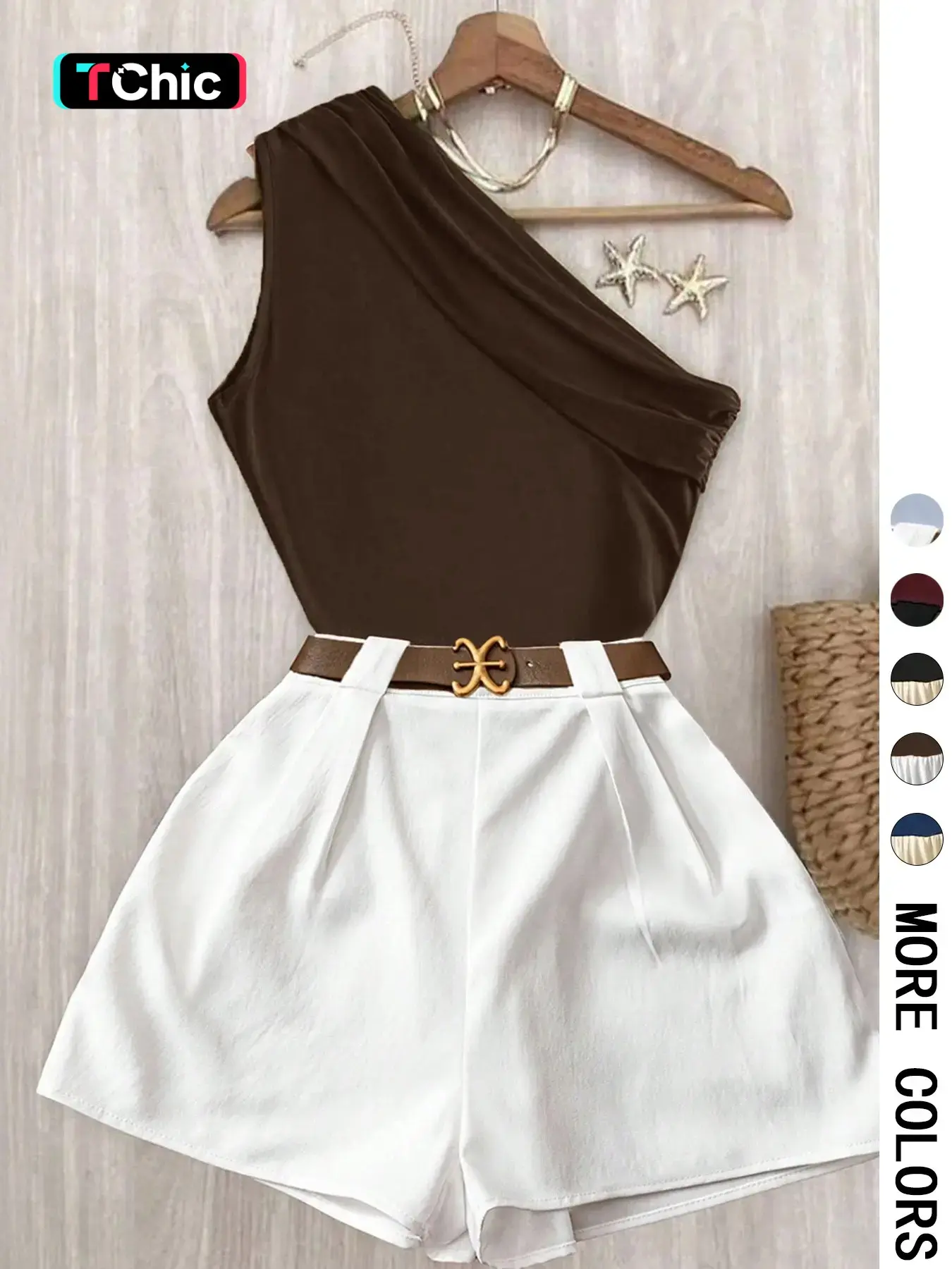 Contrast One-Shoulder Top & Pleated Shorts Matching Set - Ideal for Date Nights, Vacations & Brunch | Comfortable Two-Piece Set, Quiet Luxury Aesthetic- Trendy Baddie Outfit for Office & Going Out | Viral