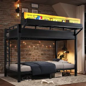 Full-over-Full Metal Bunk Bed, Built-in Pegboard Storage Wall and Shelves, USB Charging Ports and LED Mood Lights, Space-Saving Without Compromise, Works for Teens and Adult