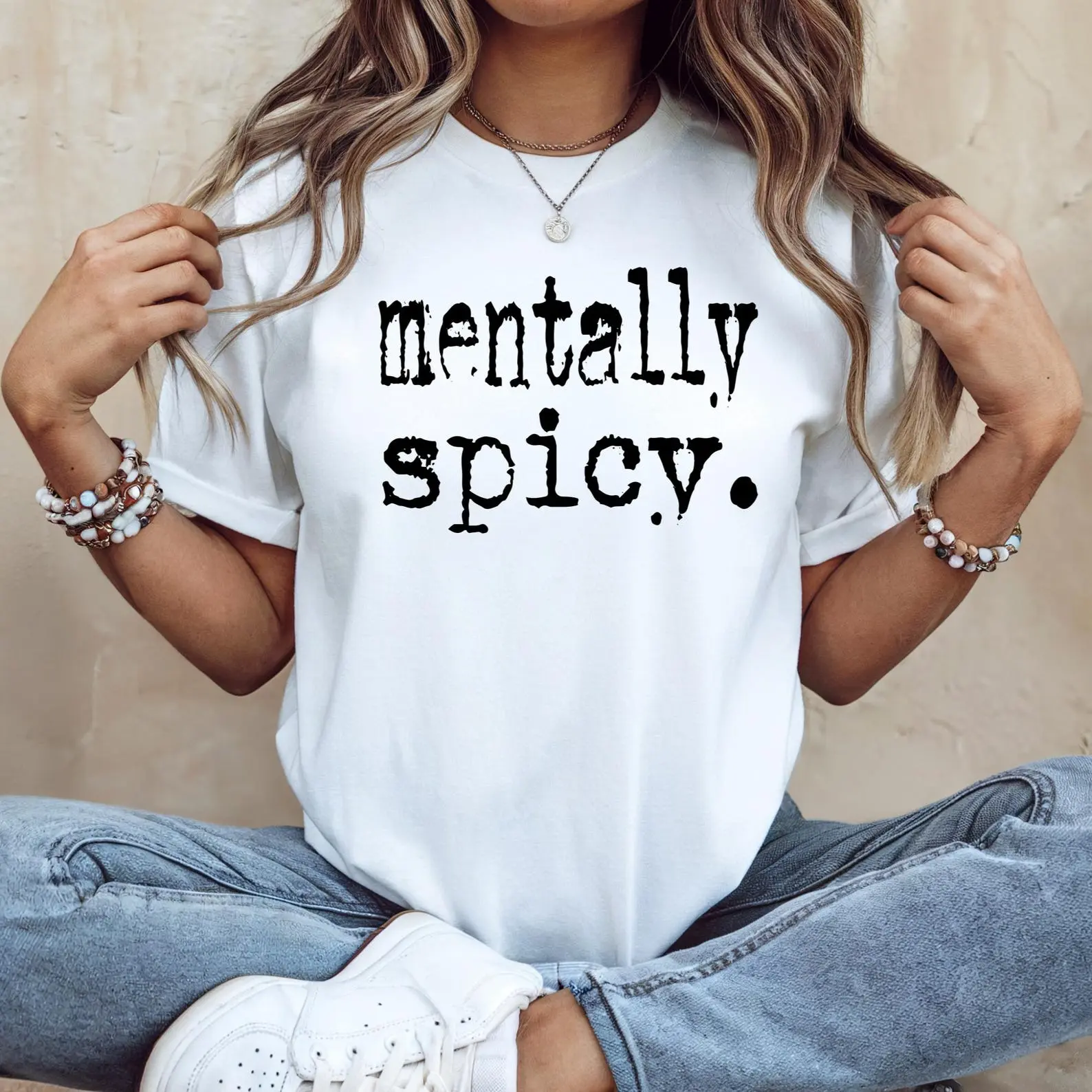 Mentally Spicy Distressed Typewriter Text Graphic T-Shirt, Funny Sassy Viral Meme Casual Tee, 100% Cotton 180g Unisex Minimalist Slogan Top S-3XL