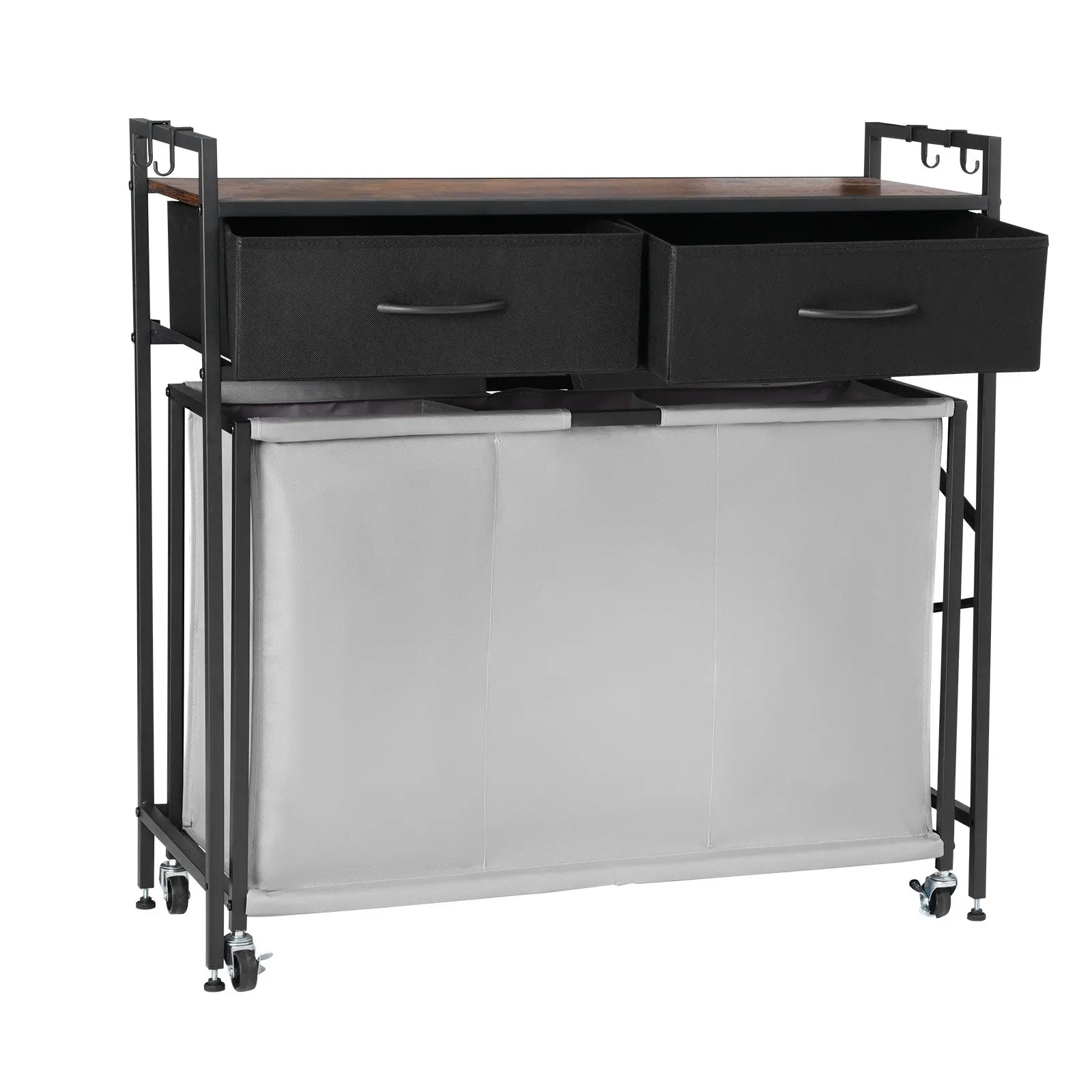 VEVOR 3-Section Laundry Sorter with Wheels, Rolling Hamper with 2 Drawers, Hooks, Pull-Out Bags, Wooden Tabletop, Bathroom Dirty Clothes Storage Room Accessory, With Wheel
