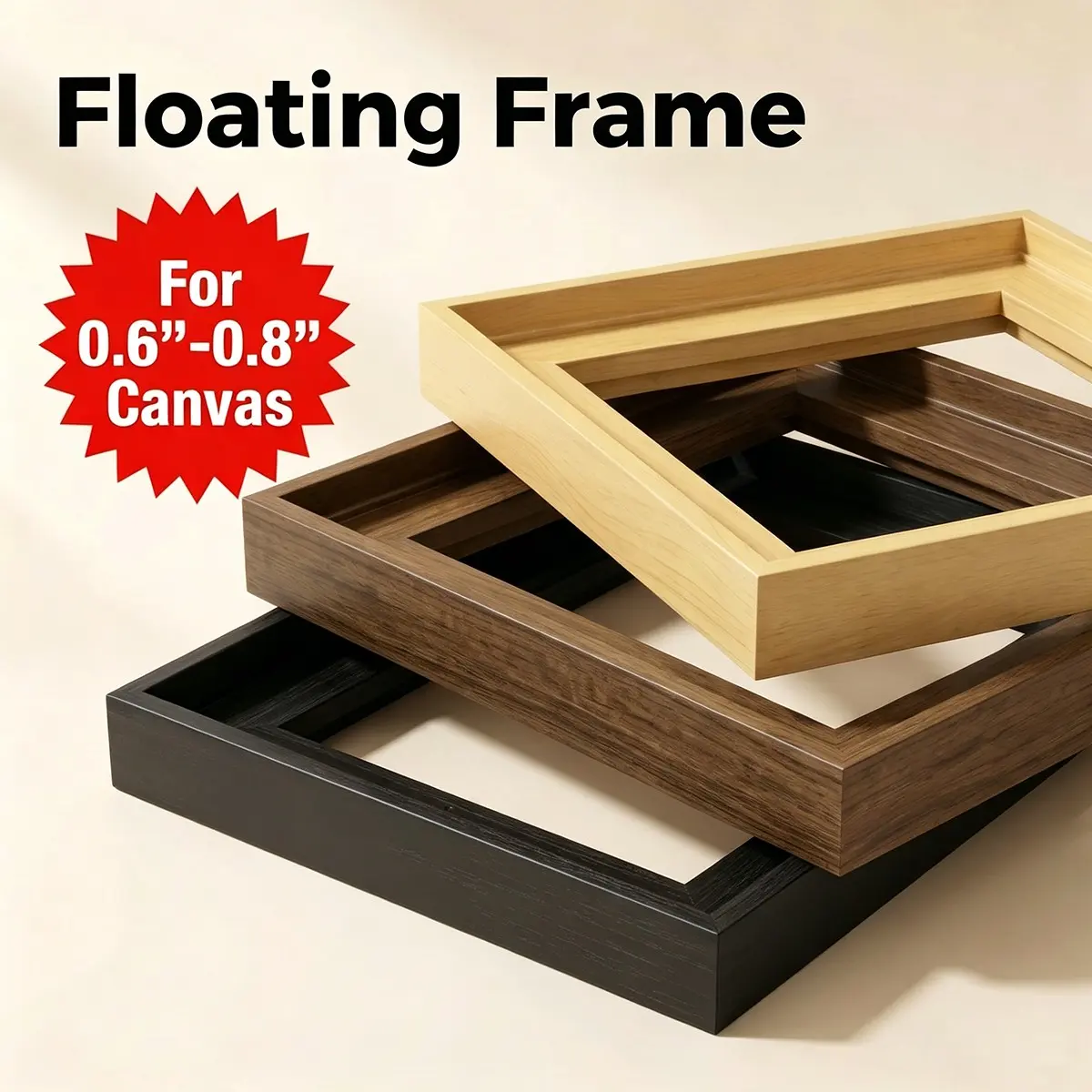 Floating Canvas Frame for 1.5-2.0cm Thick Stretched Canvas, Gallery Style, Easy Installation, Three Color Wood Look, Artwork Display