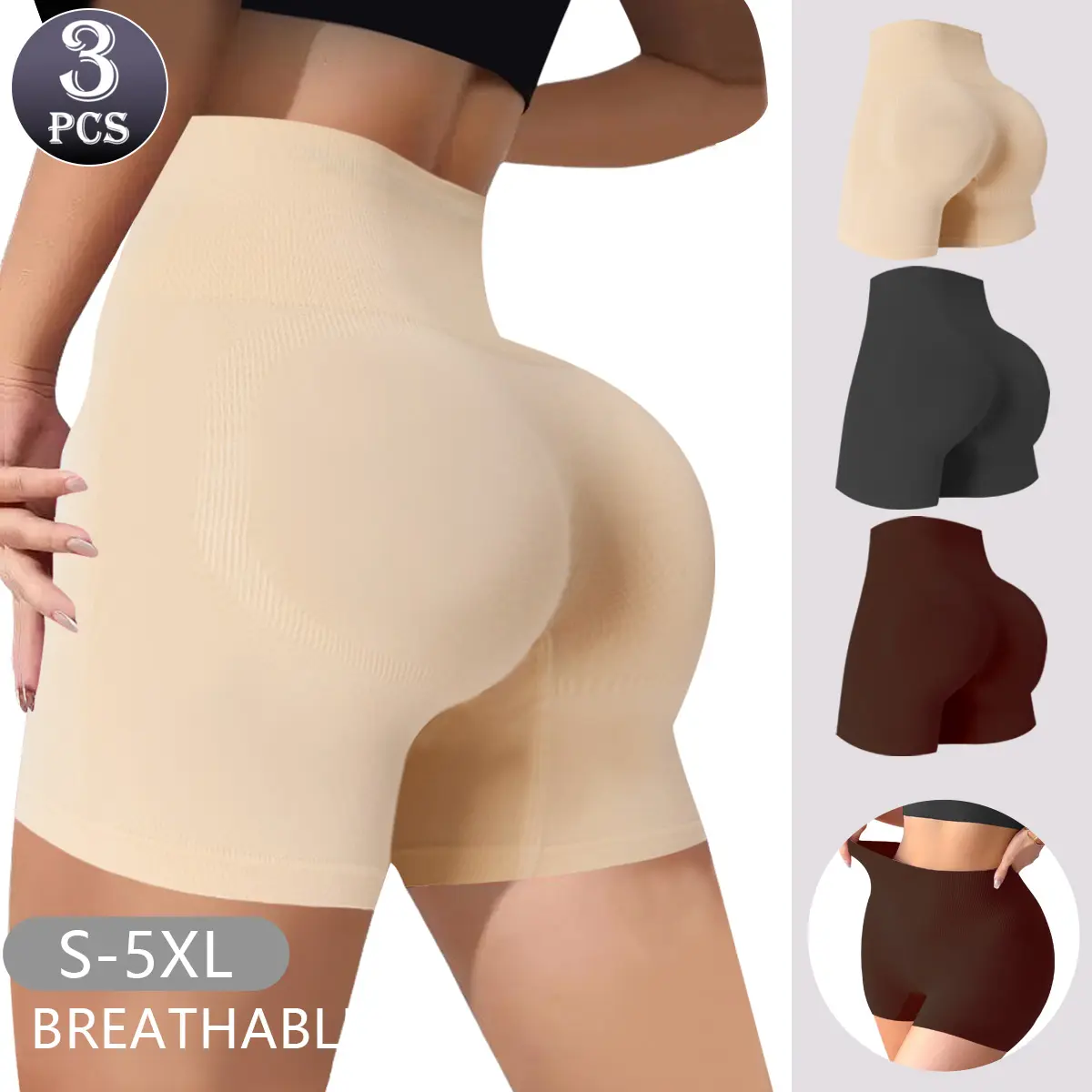 QUASTI 3 Pack Women's High Waist Seamless Shaping Shorts, Nylon Seamless Tummy Control Butt Lifter Compression Underwear, Solid Color No Show Body Shaper, S-5XL